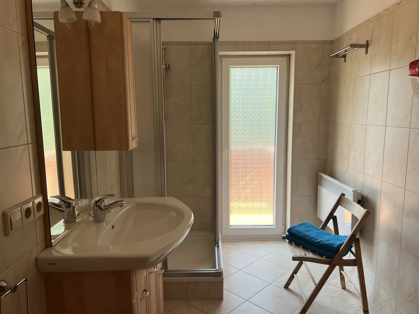 Badkamer met douche en wastafel